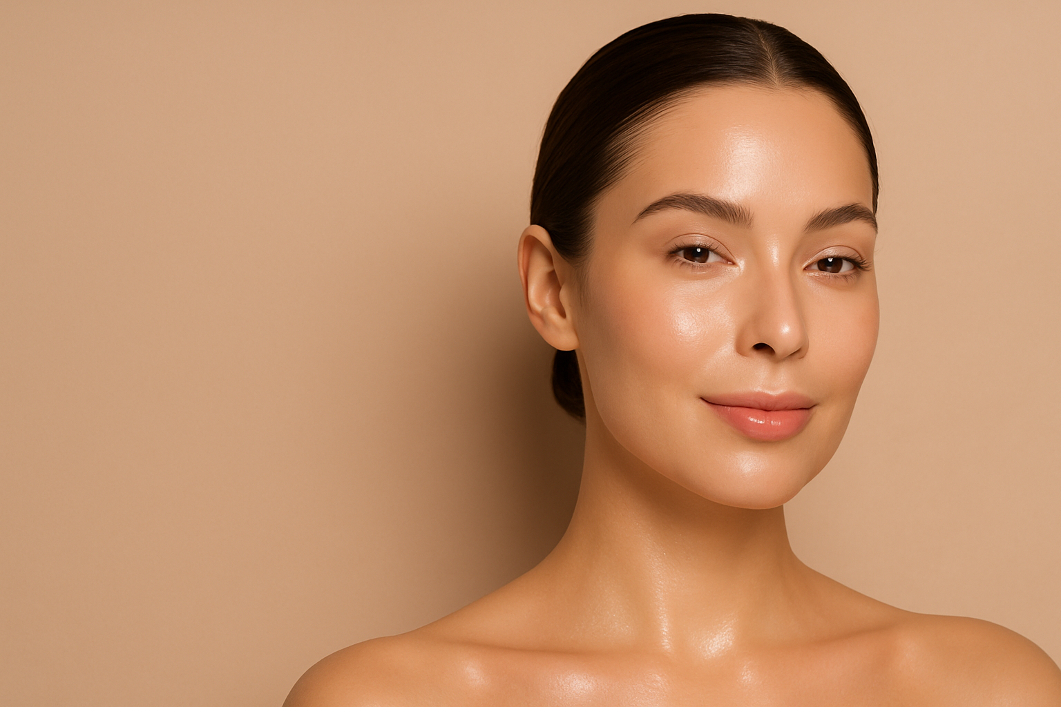 Create a background photo for my store with the background being a nude color with a women's clear glowing face to the right 